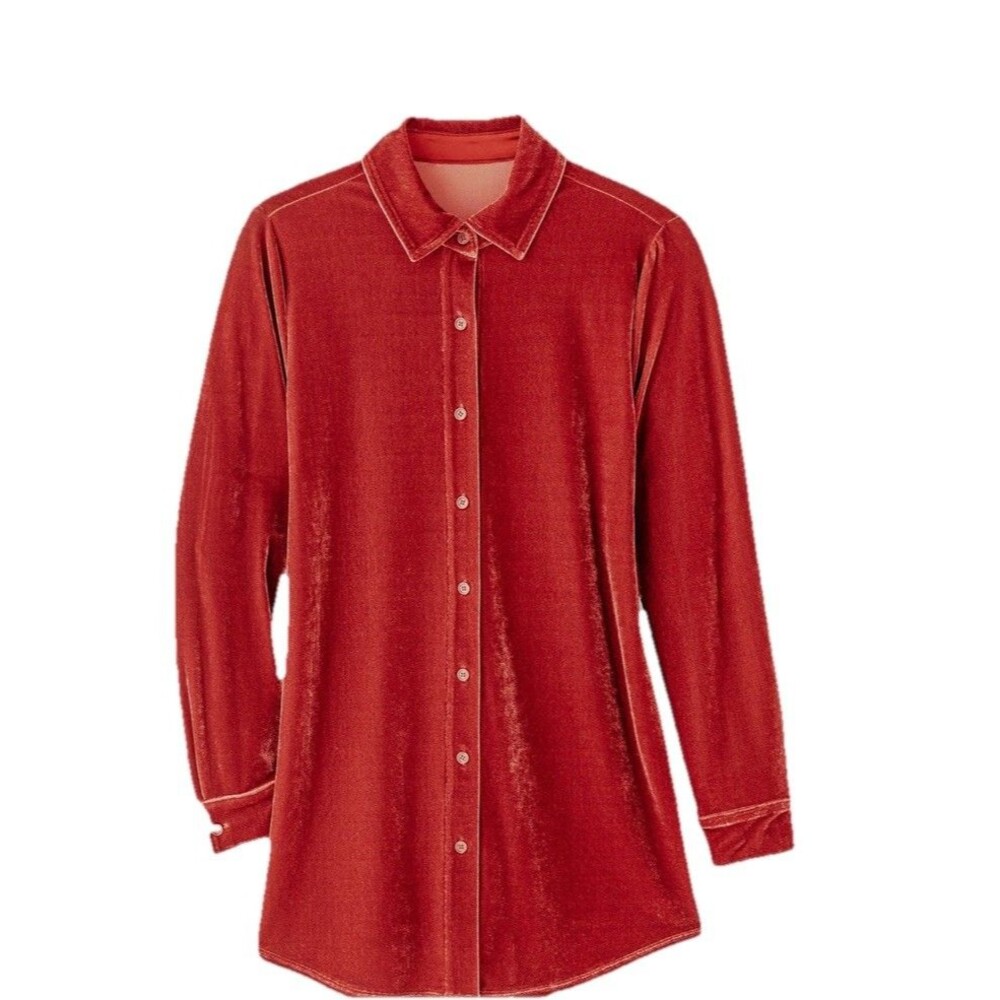 Soft Surroundings Shirt Womens 2X‎ Velvet Down LS Tunic Blouse Red Artsy Boho